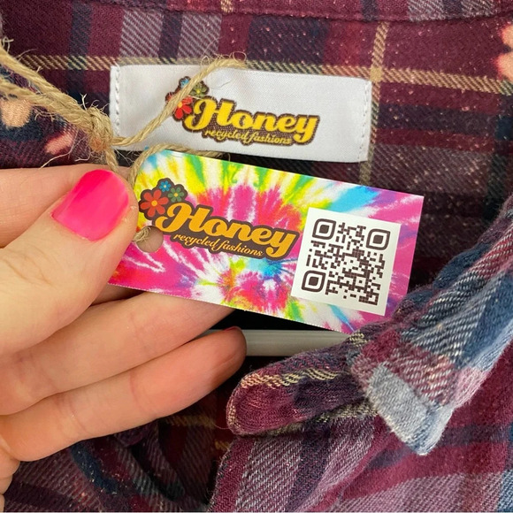 Handmade Boho Flannel Shirt Floral Stencil Bleached Plaid Womens Large XL Red - Picture 8 of 14